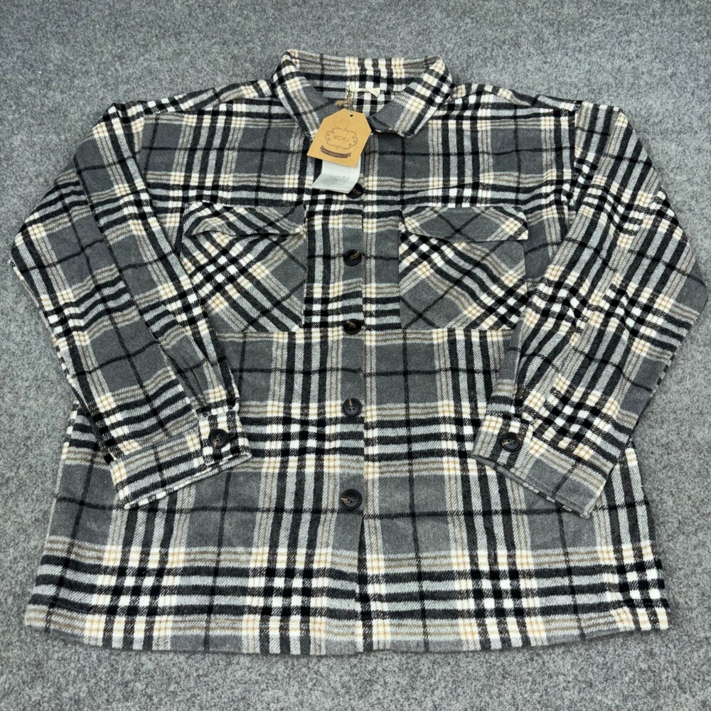 Kori Plaid Shacket Women Large Grey Black White Button Up Long Sleeve Pocket NWT